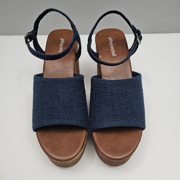 Jeffrey Campbell On Deck Sandal Womens 10 Navy Blue Wood Wedge Platform Heel - Picture 4 of 13